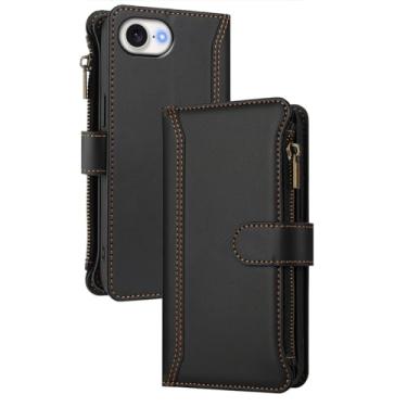 Imagem de POYUFRG Capa flip para iPhone 16E/SE4, capa de telefone de couro grande espaço com zíper carteira com suporte de cartão, capa de função de suporte, preta, 16E