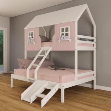 Imagem de Beliche Casal/ Solteiro Casinha Encantada com Kit Escada/ Escorregador Madeira Maciça Rosa/ Branco Housin