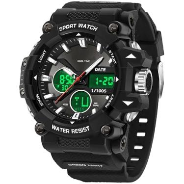 Imagem de findtime Relógio masculino esportivo ao ar livre com data, analógico, digital, retroiluminação LED, relógio de pulso à prova d'água, Preto, Casual