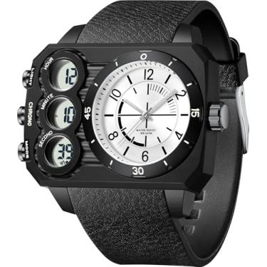 Imagem de findtime Relógio masculino grande, analógico, digital, exclusivo, fuso horário, esportivo, ao ar livre, quadrado, grande, alarme, cronômetro, contagem regressiva, LED, luminoso, relojes para hombres