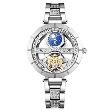 Imagem de RORIOS Relógios femininos, relógio mecânico, pulseira de couro, automático, relógio de pulso com corda automática, fase da lua, relógio luminoso para mulheres e mulheres