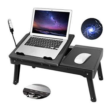 Imagem de Moclever Suporte de cama para laptop – mesa de laptop ajustável com ventilador de refrigeração, mesa dobrável para laptop com hub USB, luz LED e armazenamento - bandeja multifuncional para computador,