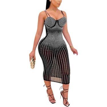 Imagem de Macacão De Vestido Rhiestoe Da Wome, Vestido De Festa Sexy Vestido De Boate Bodysuit, E-apricot, 4XL