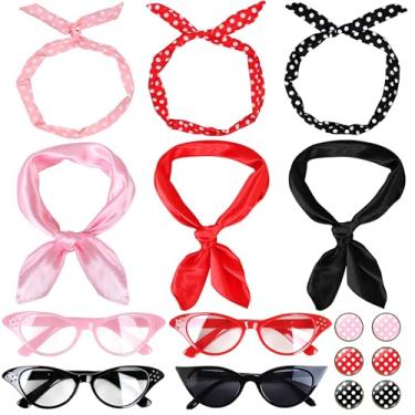 Imagem de Conjunto de acessórios retrô 50S vermelho preto rosa óculos de sol cachecóis tiaras brincos com estilo clássico vintage, Misto, One Size