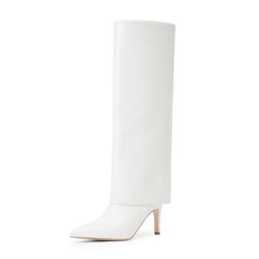 Imagem de VIUGJNEX Botas de cano alto femininas dobráveis, bico fino, salto stiletto, botas altas e despojadas, vestido com zíper, botas longas de tubarão, Poliuretano branco, 41