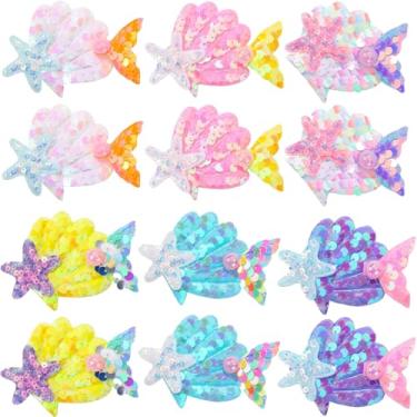 Imagem de 12 peças de grampos de cabelo de sereia com glitter estrela do mar grampos de cabelo estrela do mar broche de concha aurora lantejoulas cauda de peixe grampo de cabelo festa na praia acessórios