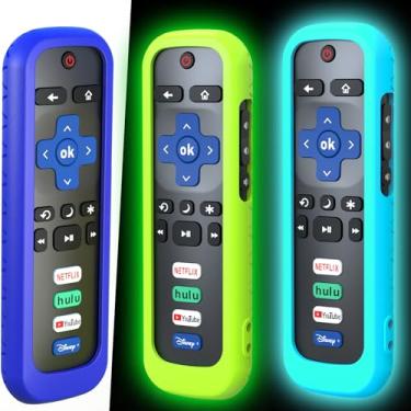 Imagem de Pacote com 3 capas remotas para Roku, capa de bateria para controle remoto TCL Roku Smart TV, capa remota de silicone para controle de proteção da Roku TV, capa universal que brilha no escuro, verde céu e azul