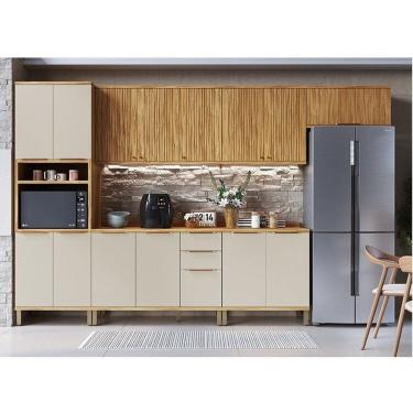 Imagem de Cozinha Modulada Completa 6 Peças 14 Portas com Tampo 350cm 100% Mdf Noruega Fresada Espresso Móveis Amêndoa/Off White