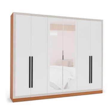 Imagem de Guarda-Roupa Casal com Espelho Valência 6 Portas 4 Gavetas Freijó e Branco