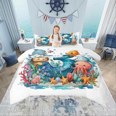 Imagem de Jogo de cama infantil fofo de animais para meninos e meninas, leão coral mundo subaquático todas as estações, conjunto de edredom aconchegante com 2 fronhas, conjunto de edredom casal com desenho