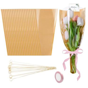 Imagem de CHKUDECF Sacos de flores para buquês, 20 peças, sacos de embrulho de flores com suporte de cartão de flores e fita de papel kraft, mangas de embalagem floral para casamento, barra de flores, dia das