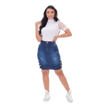 Imagem de Saia Evangelica Jeans Cintura Alta Com Botões - Venina - MARIA LI MODA