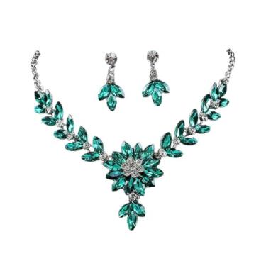 Imagem de Conjunto Feminino Colar Brinco Floral Zirconia Azul Verde Prata – Acessórios Elegantes Casamento, Festa, Formatura, Debutante e Presente Mãe Namorada Noiva Amor Romântico (Verde)