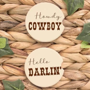 Imagem de Conjunto de 2 porta-copos de carro – Porta-copos de cerâmica absorvente com Western Howdy Cowboy e Hello Darlin' Design – Acessórios rústicos para carros de fazenda para mulheres e homens 6 x 6