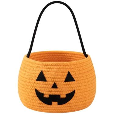 Imagem de OIAHOMY Cesta de Halloween de 6L para crianças, cesta de doces ou travessuras, lindos baldes de abóbora para meninas/meninos, vazia, laranja