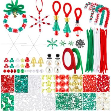 Imagem de PH PandaHall Artigos de artesanato de Natal limpadores de cachimbo verdes vermelhos contas facetadas boneco de neve pérolas pingentes de sino acessórios de floco de neve para grinalda de contas
