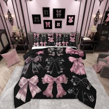 Imagem de Erosebridal Conjunto de edredom com laço preto e rosa, solteiro, laços coquete, para meninas, adolescentes, aquarela, fofo, renda, laço, edredom para decoração de quarto, princesa, romance, laço