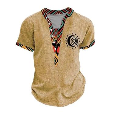 Imagem de Camisa Henley Desgastada Masculina Estilo Étnico Gola Botão Camiseta Vintage Distressed Motorcycle Biker Pullover Tops, Brown, XL