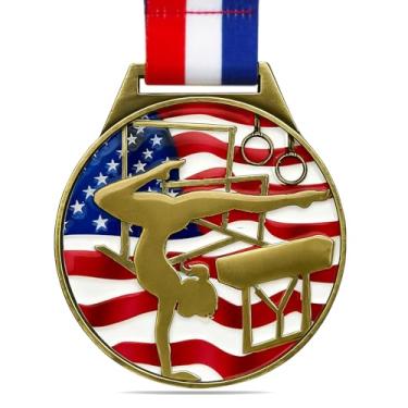 Imagem de YUJUE Medalha de ginástica patriótica, medalhas de prêmio de ginástica de ouro com fitas de pescoço Medalhão de ginasta de 6 cm de largura para torneios de troféus esportivos adultos