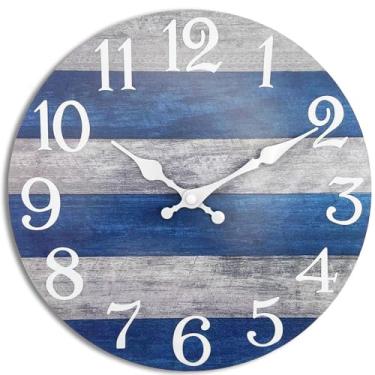 Imagem de SENYURI Relógio de parede pequeno, relógio analógico de madeira MDF, silencioso, sem tique-taque, operado por bateria, 25 cm, estilo náutico, estilo náutico, relógio de parede decorativo para piscina
