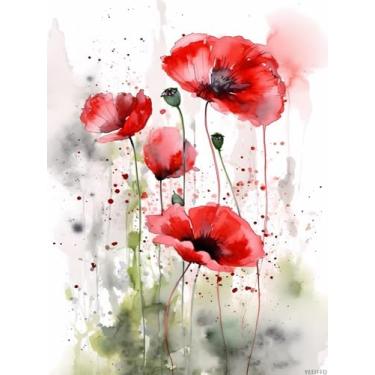 Imagem de Kits de pintura de diamante DIY 5D em aquarela com papoulas vermelhas, pintura artística de ponto de diamante com pedras preciosas, flores, diamantes, ponto cruz para decoração de parede de escritório