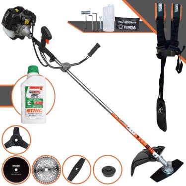 Imagem de Roçadeira Aparador de Grama Lateral Terra GRH-520 À Gasolina 2T 52cc 2,5HP Robusta Com Carretel de Nylon + Kit 4 Lâminas de Corte + ÓLEO STIHL 2T