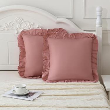 Imagem de Merryword Fronhas de almofada rosa Mocha 45,7 x 45,7 cm, pacote com 2 fronhas decorativas de microfibra macia com babados para sofá, quarto