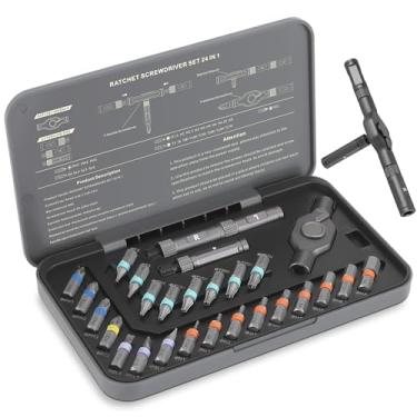 Imagem de Conjunto de chaves de fenda catraca magnética 24 em 1 com brocas de precisão – ideal para reparos domésticos, projetos de bricolage e eletrônicos – Alça de catraca giratória ergonômica e estojo de
