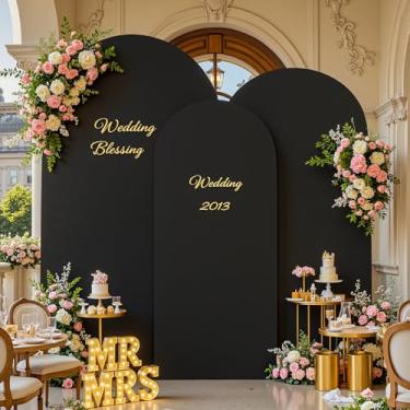 Imagem de Conjunto de 3 capas de fundo de arco preto - Capas de arco de elastano 2,5 m 1,6 m 1,8 m pano de fundo elástico para cerimônia de casamento, chá de bebê de noiva, festa de aniversário, decoração de
