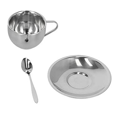 Imagem de Xícaras de café de aço inoxidável, conjunto de 3 peças, conjunto de xícaras de café isoladas, canecas de leite e chá com pires para café, café com leite, chá, caneca, ótimo cappuccino