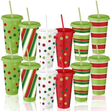 Imagem de Vesici 12 peças de copos de plástico de Natal com glitter com tampas e canudos a granel 680 g Copos de café de plástico reutilizáveis de bolinhas vermelhas e verdes para festa de Natal, uso diário