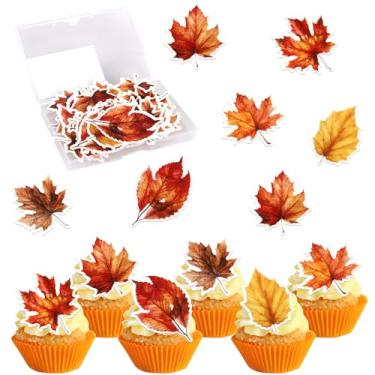 Imagem de Rsstarxi 60 Pack Edible Fall Leaves Cupcake Toppers Wafer Paper Autumn Maple Leaves Cake Decorations Edible Gold leaf Cupcake Picks for Thanksgiving Baby Shower Birthday Party Decorations