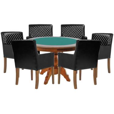 Imagem de Mesa de Jogos Carteado Redonda Montreal Tampo Reversível Amêndoa com 6 Cadeiras Liverpool PU Preto Matelassê - Gran Belo