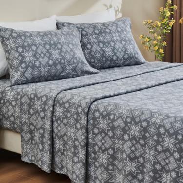 Imagem de Ivellow Jogo de lençol king size de flanela com bolso profundo, escovado, extra macio, confortável, respirável, 4 peças, estampado, cinza, floco de neve, roupa de cama, quente, aconchegante, sem