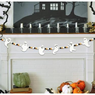 Imagem de Banner com tema de Halloween, expressões diferentes, faixa de fantasmas fofos, preto, branco, laranja, faixa de festa, guirlanda de feltro para Halloween, casas assombradas, decorações, portas, casa