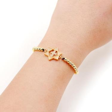 Imagem de Pulseira de contas com cruz judaica de estrela de Davi | Pulseiras de versículo bíblico motivacional cristão | Joias de zircônia cúbica de corrente ajustável | Simbolizando unidade e respeito entre