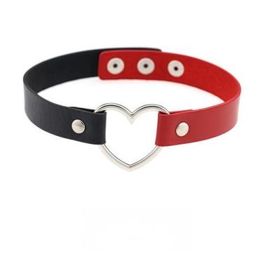Imagem de Colar gargantilha de coração de duas cores de couro PU ajustável para mulheres punk, vazado, coração, gótico, preto, vermelho, gargantilha vintage, cosplay, uniforme, acessórios, fantasia de Halloween