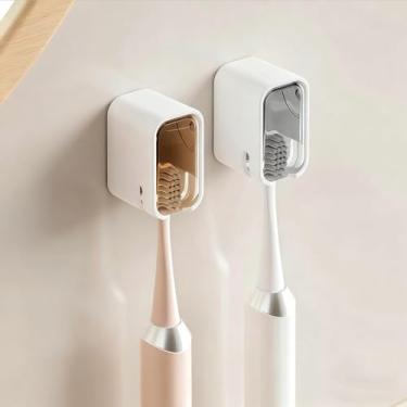 Imagem de Pacote com 2 porta-escovas de dentes, suporte de escova de dentes elétrico montado na parede com capa, design inovador de slot único, para família de chuveiro e viagens (cinza, marrom)