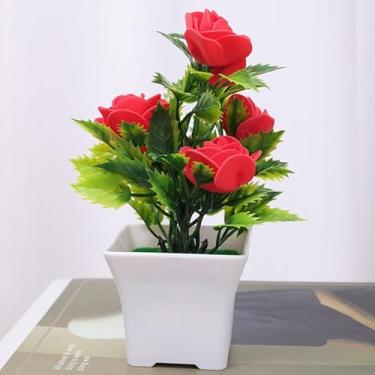Imagem de 1 peça bonsai de planta artificial mini rosa espuma falsa planta vaso casa casamento quarto decoração acessórios (vermelho)
