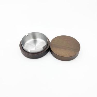 Imagem de Cinzeiro de madeira com tampa e inserção de aço inoxidável - Design portátil à prova de vento para casa, pátio, escritório, festas (prata)