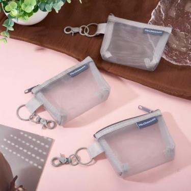 Imagem de 3 carteiras retangulares cinza claro de malha de nylon com zíper, mini porta-moedas, bolsas de armazenamento de malha de nylon com fecho giratório de liga para batom, chave espelhada pequena de 215 mm