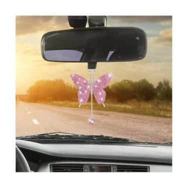 Imagem de Enfeite de borboleta brilhante para pendurar, pingentes de espelho retrovisor de veículo com strass de cristal, pingente de acessórios interiores de carro de diamante da sorte, universal para a