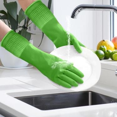 Imagem de Luvas de borracha para limpeza com punhos longos, impermeáveis para lavar louça, luvas domésticas com aderência para cozinha e banheiro (verde, M)
