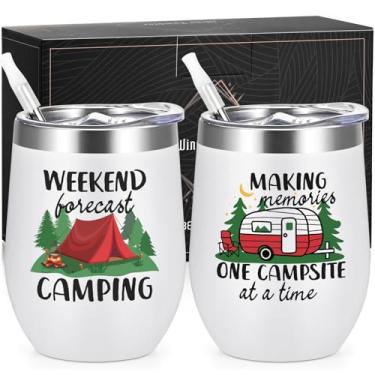 Imagem de Lifecapido Presentes de acampamento, pacote com 2 copos de vinho de aço inoxidável de 350 ml, presentes de Natal para mulheres e homens, capmer trailers, branco
