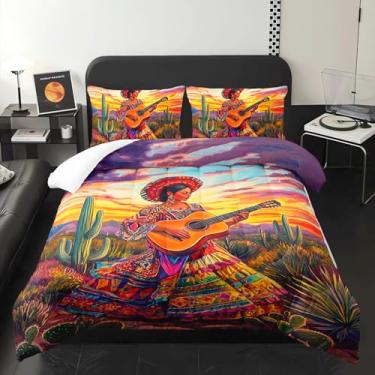 Imagem de lneffble Conjunto de edredom Queen com estampa étnica mexicana colorida, estilo boêmio, com 1 edredom com 2 fronhas, decoração de quarto boêmio para mulheres