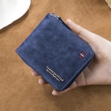Imagem de Carteira masculina vintage dobrável com zíper - Carteira compacta de couro PU multifuncional com compartimento para dinheiro, compartimentos para cartões e bolso para moedas, Azul, 4.73 x 3.74 x 0.99