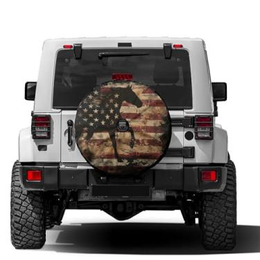 Imagem de Foruidea Capa de pneu sobressalente American Flag Horse Silhouette com orifício para câmera de reserva, capa de pneu de roda para trailer, trailer, SUV e muitos veículos de 17 polegadas