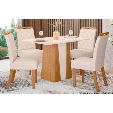 Imagem de Sala de Jantar Completa Orus Tampo Madeirado c/ Vidro 120x80cm e 4 Cadeiras Bella Nature/Veludo Light Linho - Henn