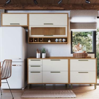 Imagem de Armário de Cozinha Modulada com Balcão e Tampo 6 Portas 4 Gavetas ágata 100% Mdf Vidro Reflecta Amêndoa/Off White - Pnr Móveis