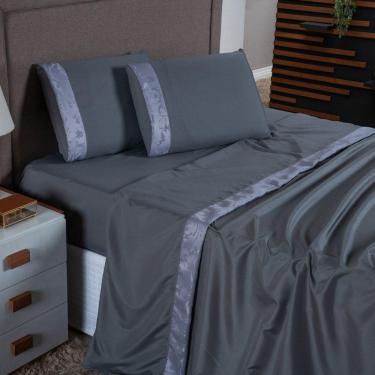 Imagem de Jogo De Lençol Zurique King 4 Peças Micro Percal 400 Fios Friso Decorativo - Cinza